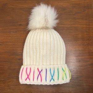 Beanie, white pom fleece lined beanie with colorful stitching‎